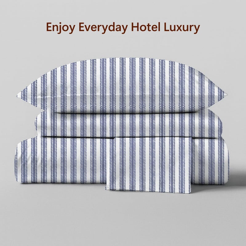 Peru Pima 415 Thread Count Percal Twin Sheet Set - 100% Peruvian Pima Cotton, 3 Piece (Flat, Fitted, 1 Pillowcase) - Cooling, Crisp, Deep Pocket, Hotel Quality Bedding - Nautical Stripe Blue - Image 4